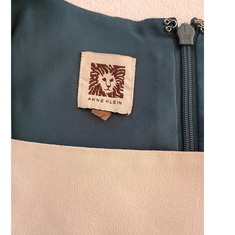 VTG Anne Klein Teal Ivory Colorblock Sheath Dress Slveless Zip 6 Career Classic - Picture 3 of 9